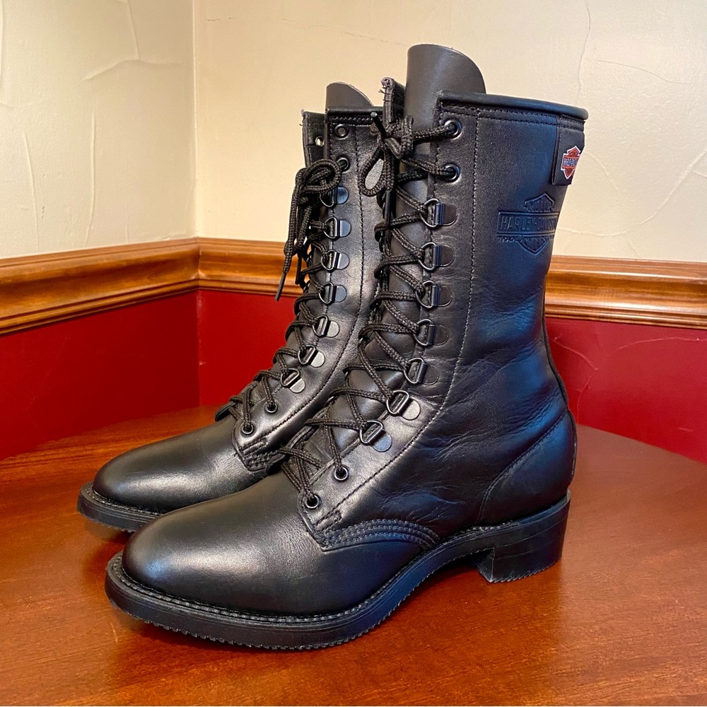 VTG Harley Davidson 9” Black Leather Lace Up Boots Full Side Zip- Women’s 8.5